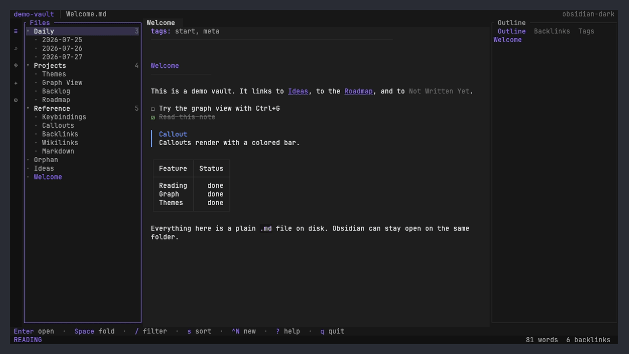 A recording of obsidian-tui: walking down the file explorer, opening a note, cycling the right pane to backlinks, opening the force-directed graph, then switching themes.